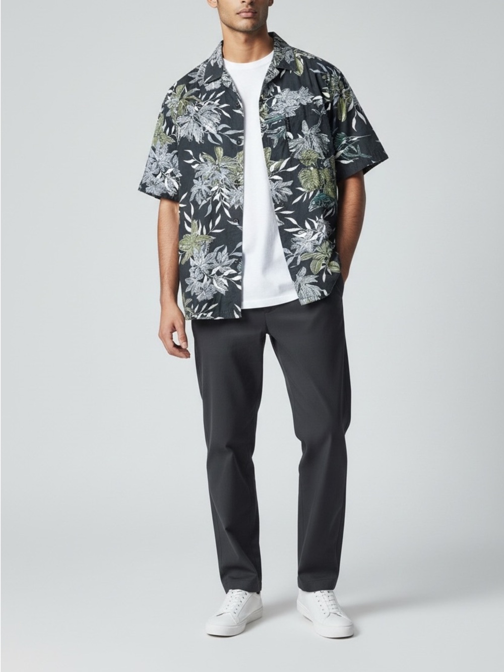 Vintage Columbia Button Down‎ Shirt Mens M Tropical Floral Hawaiian Dark Gray - Picture 2 of 11